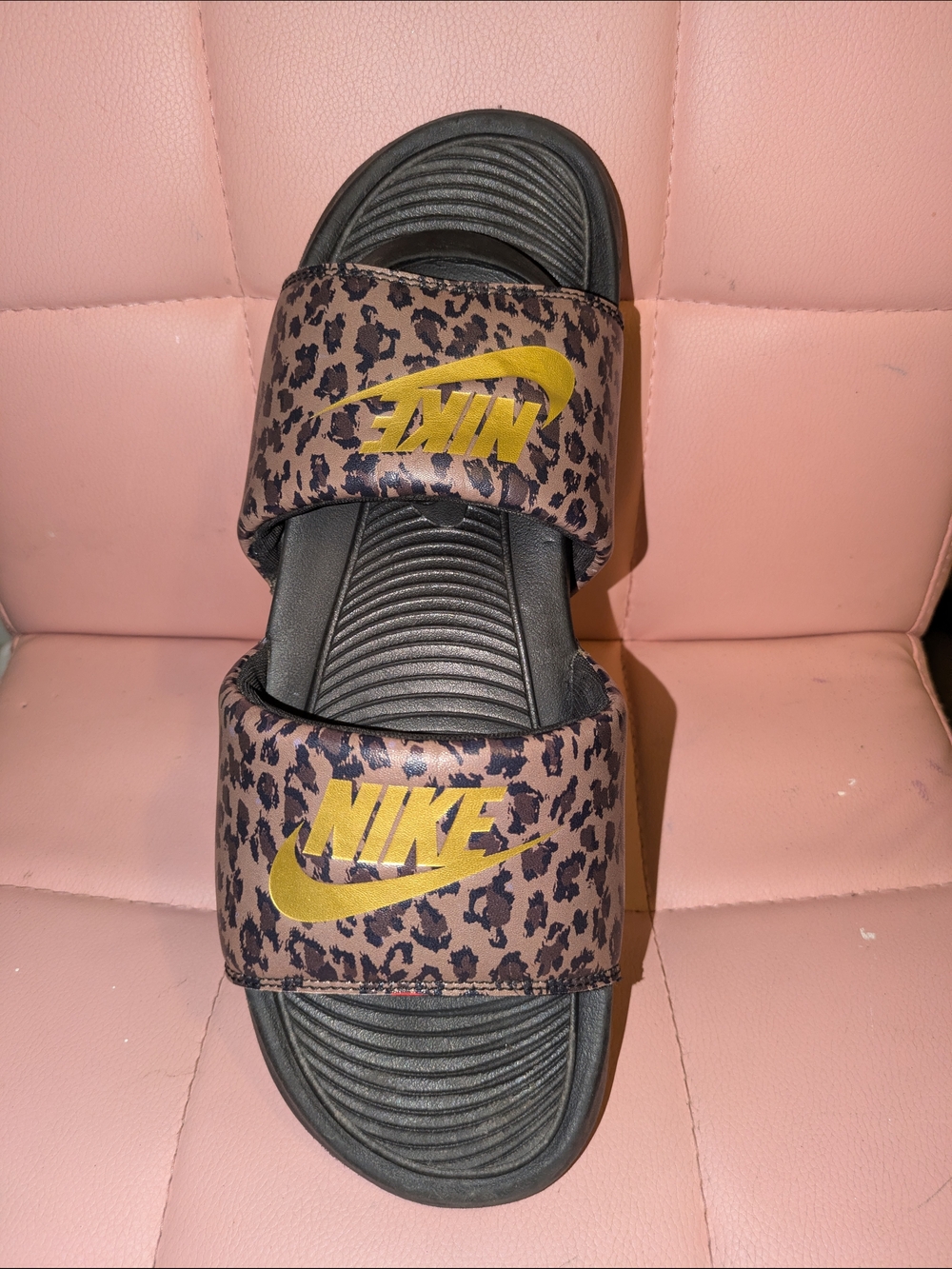Nike Leopard-Print Double-Strap Slides with Gold Logo